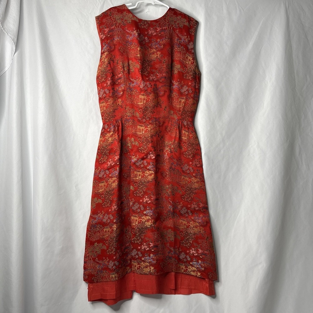 Vtg Handmade Cheongsam Dress‎ Silk Brocade Sleeveless Silhouette Chinoiserie